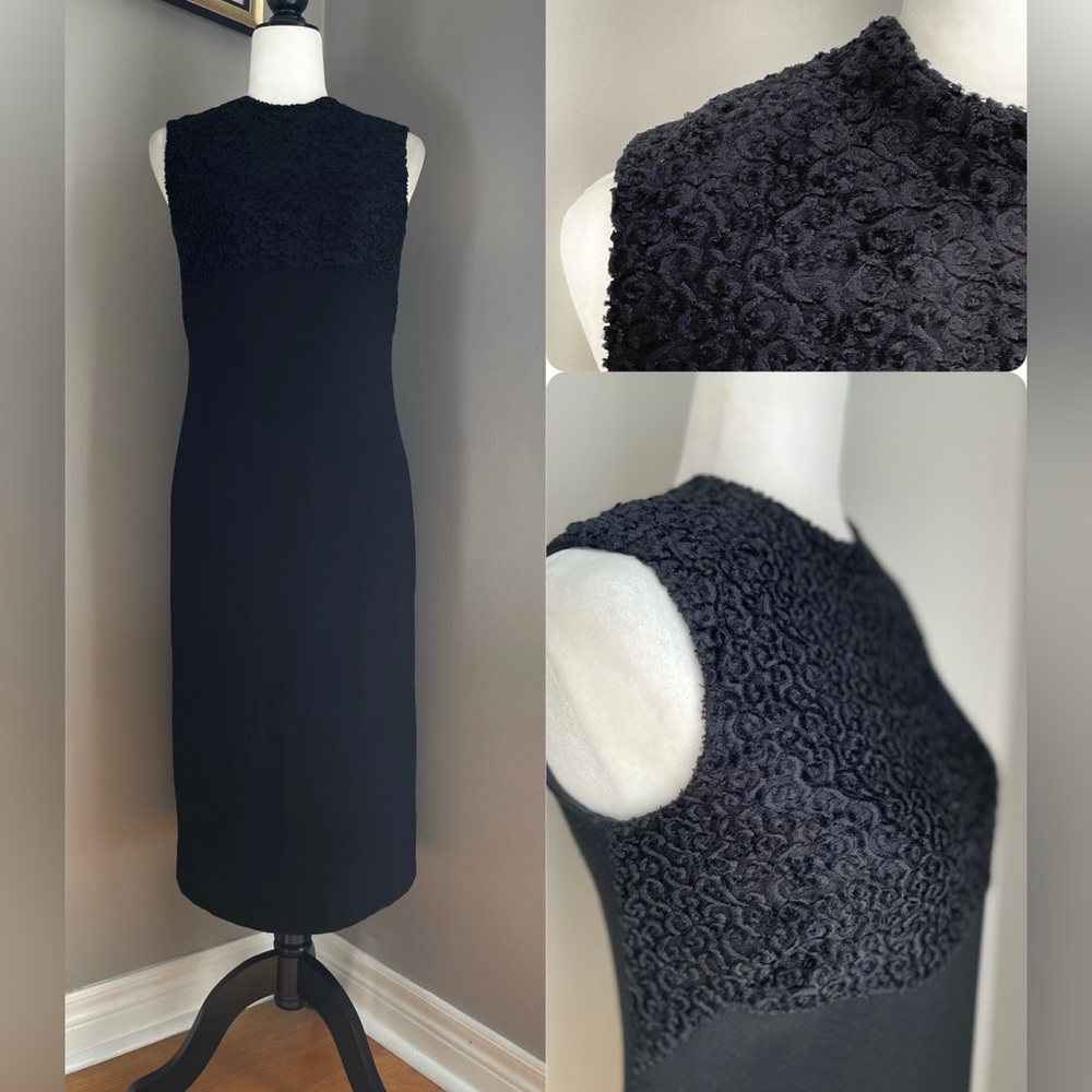💯% Wool Black Midi Dress Teddy Curl Velvet Bodice Aux Elegants Made in Canada- 6